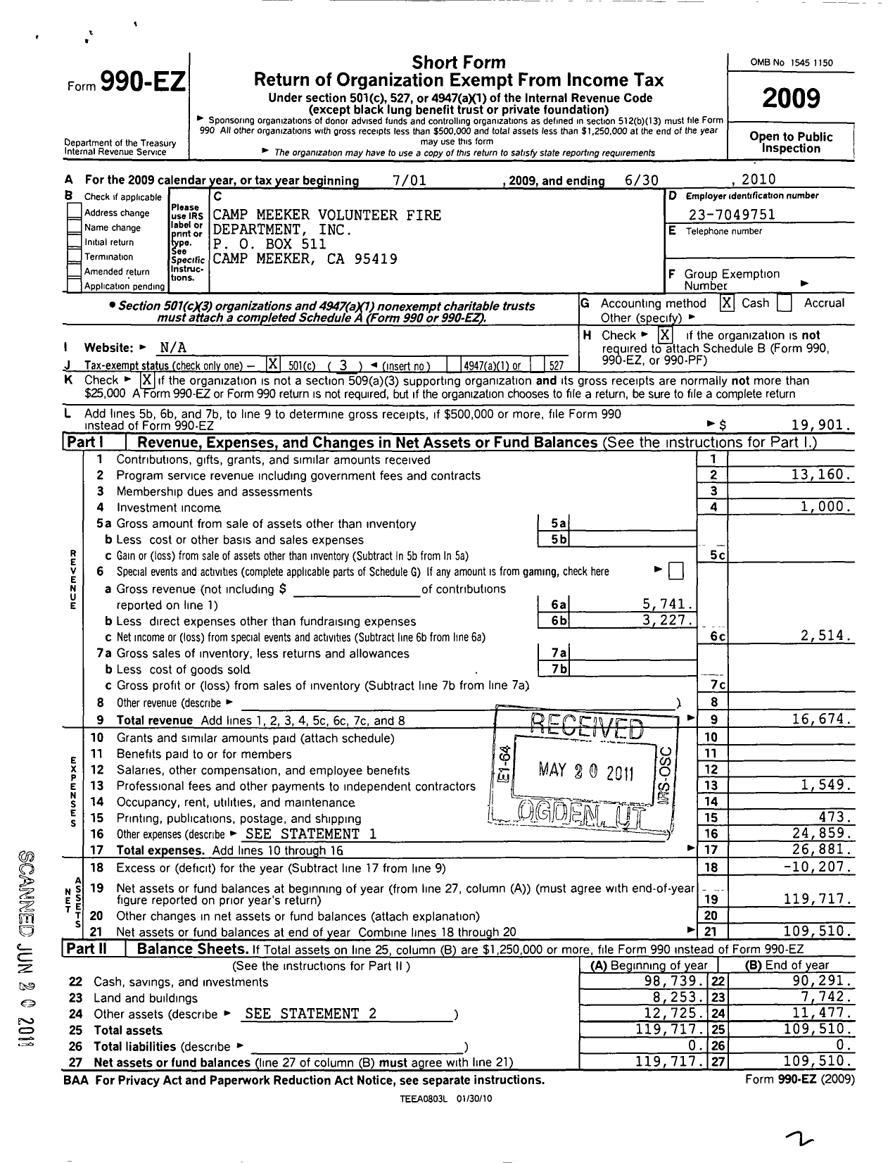 Image of first page of 2009 Form 990EZ for Camp Meeker Volunteer Fire Department