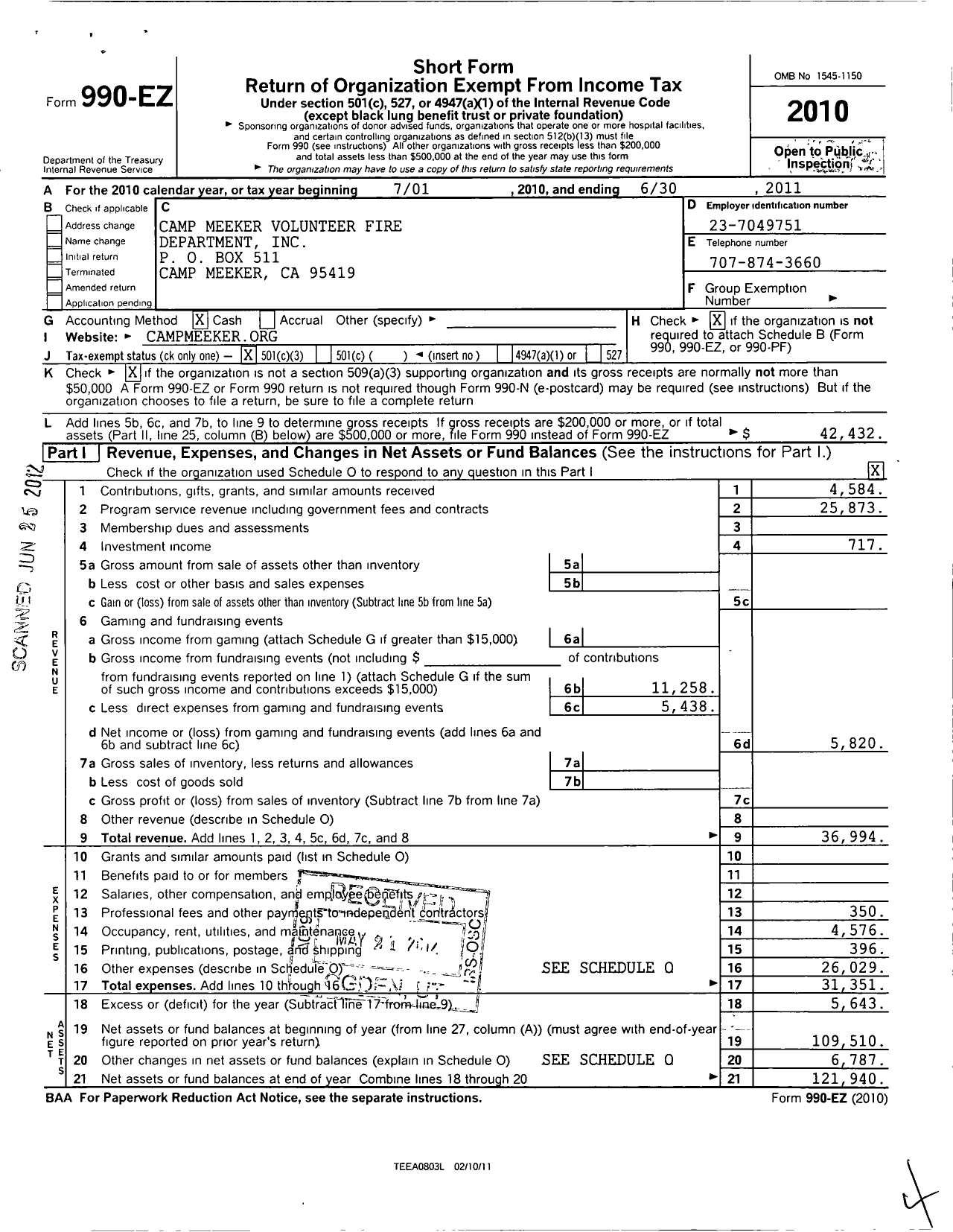 Image of first page of 2010 Form 990EZ for Camp Meeker Volunteer Fire Department