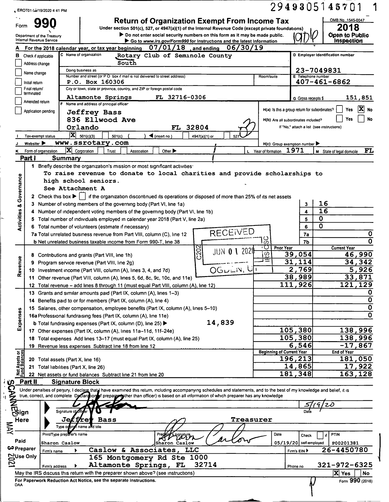 Image of first page of 2018 Form 990 for Rotary Club of Seminole County South