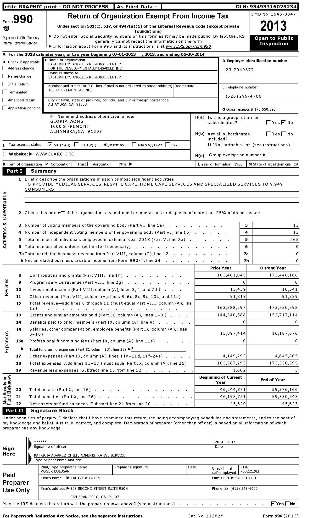 Image of first page of 2013 Form 990 for Eastern Los Angeles Regional Center (ELARC)