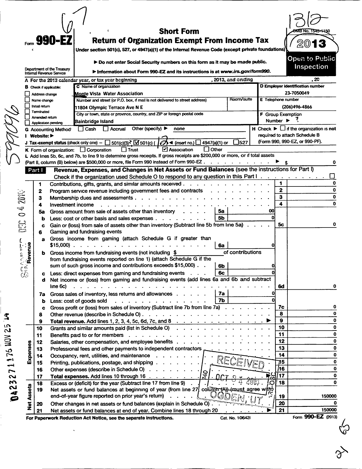 Image of first page of 2013 Form 990EO for Monte Vista Water Association