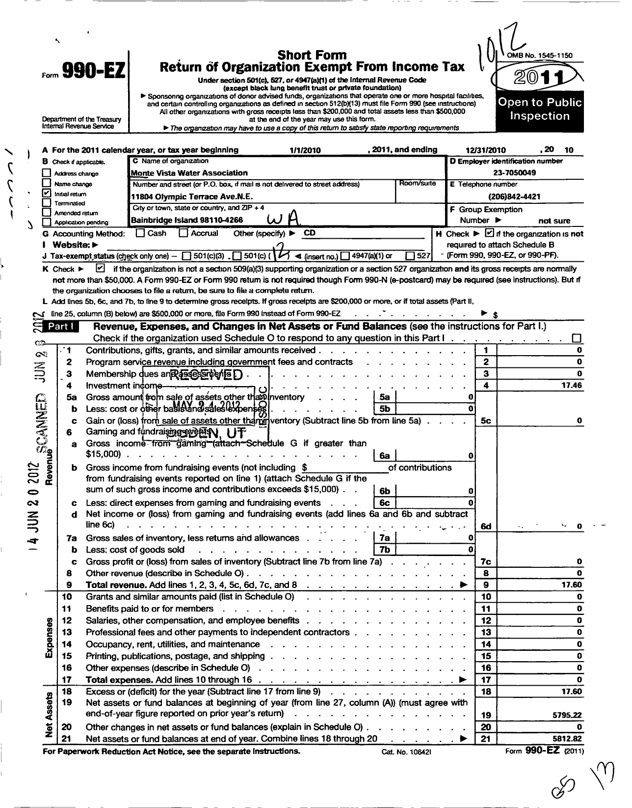 Image of first page of 2010 Form 990EO for Monte Vista Water Association