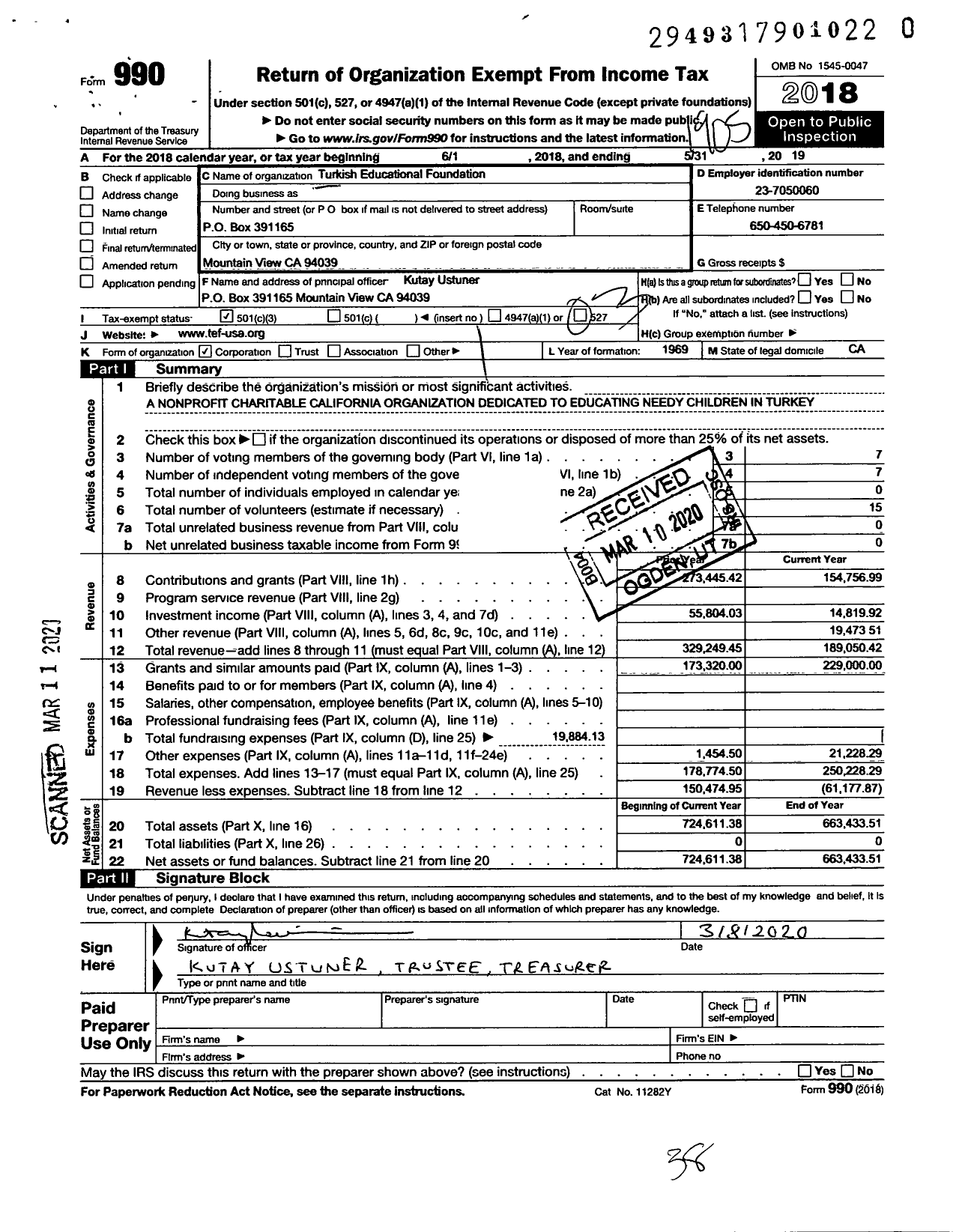 Image of first page of 2018 Form 990 for Turkish Educational Foundation