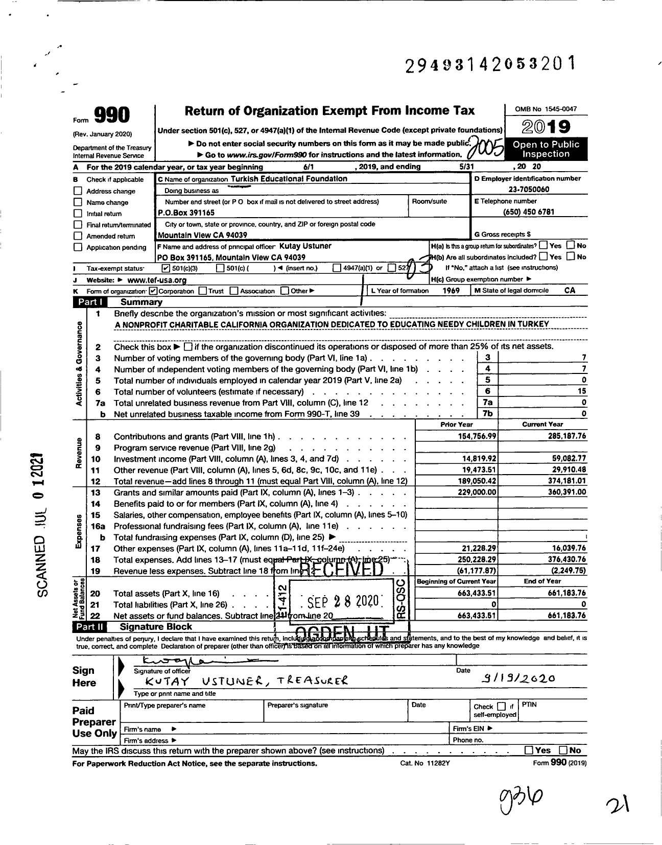 Image of first page of 2019 Form 990 for Turkish Educational Foundation