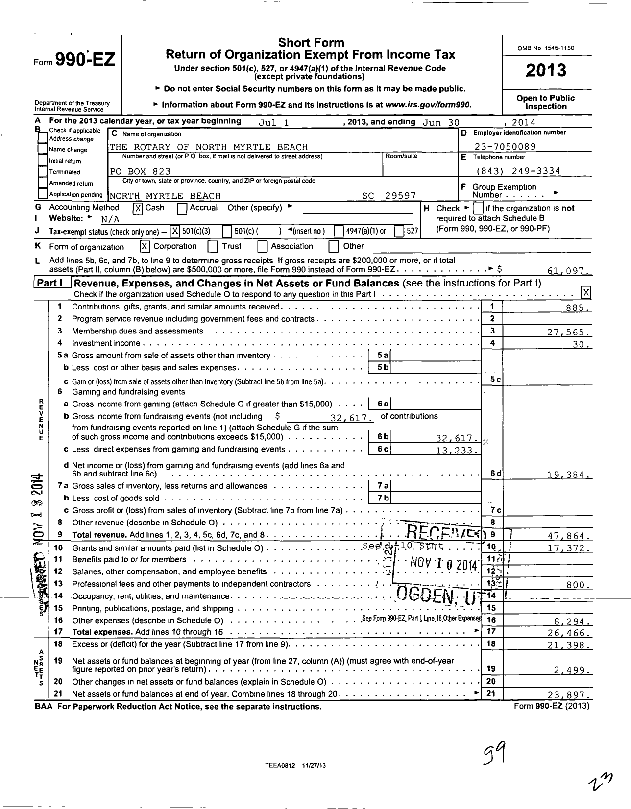 Image of first page of 2013 Form 990EZ for Rotary International - North Myrtle Beach Rotary Club