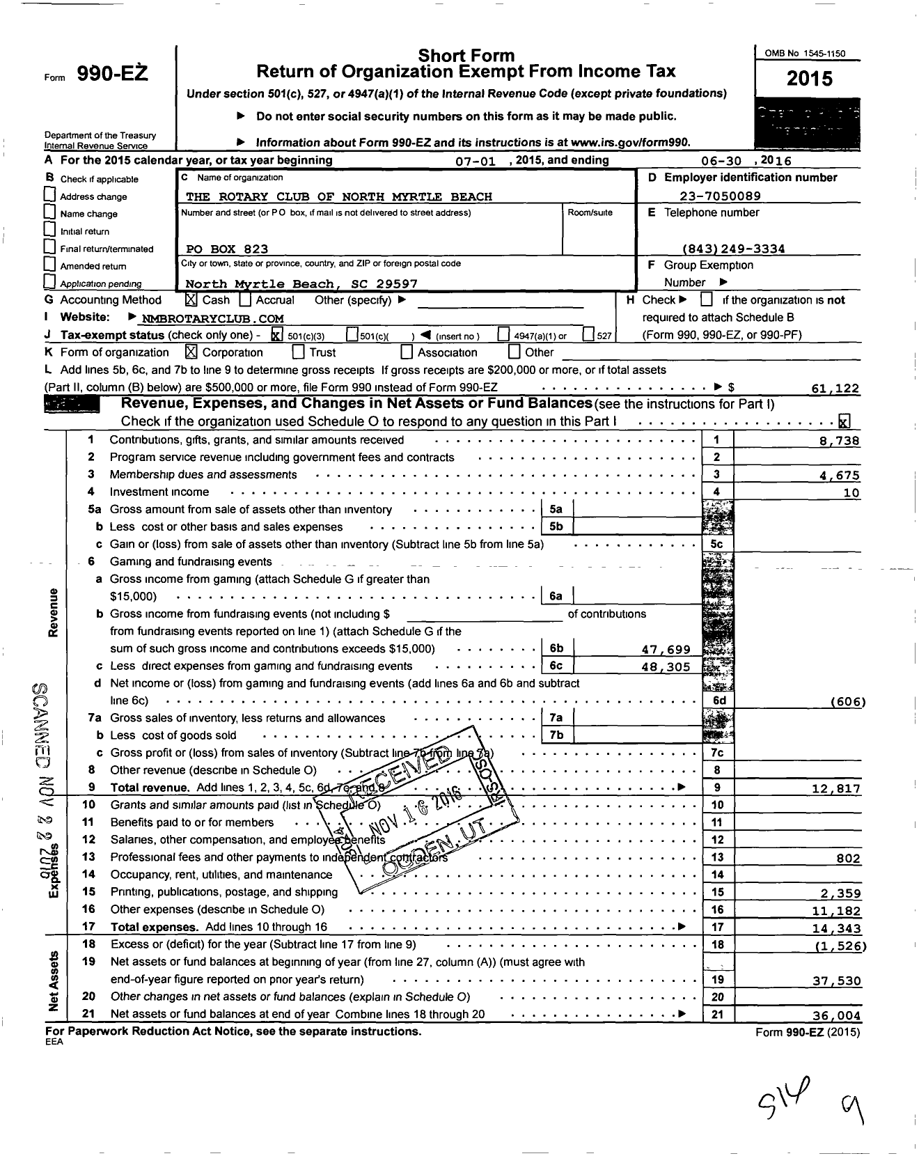 Image of first page of 2015 Form 990EZ for Rotary International - North Myrtle Beach Rotary Club