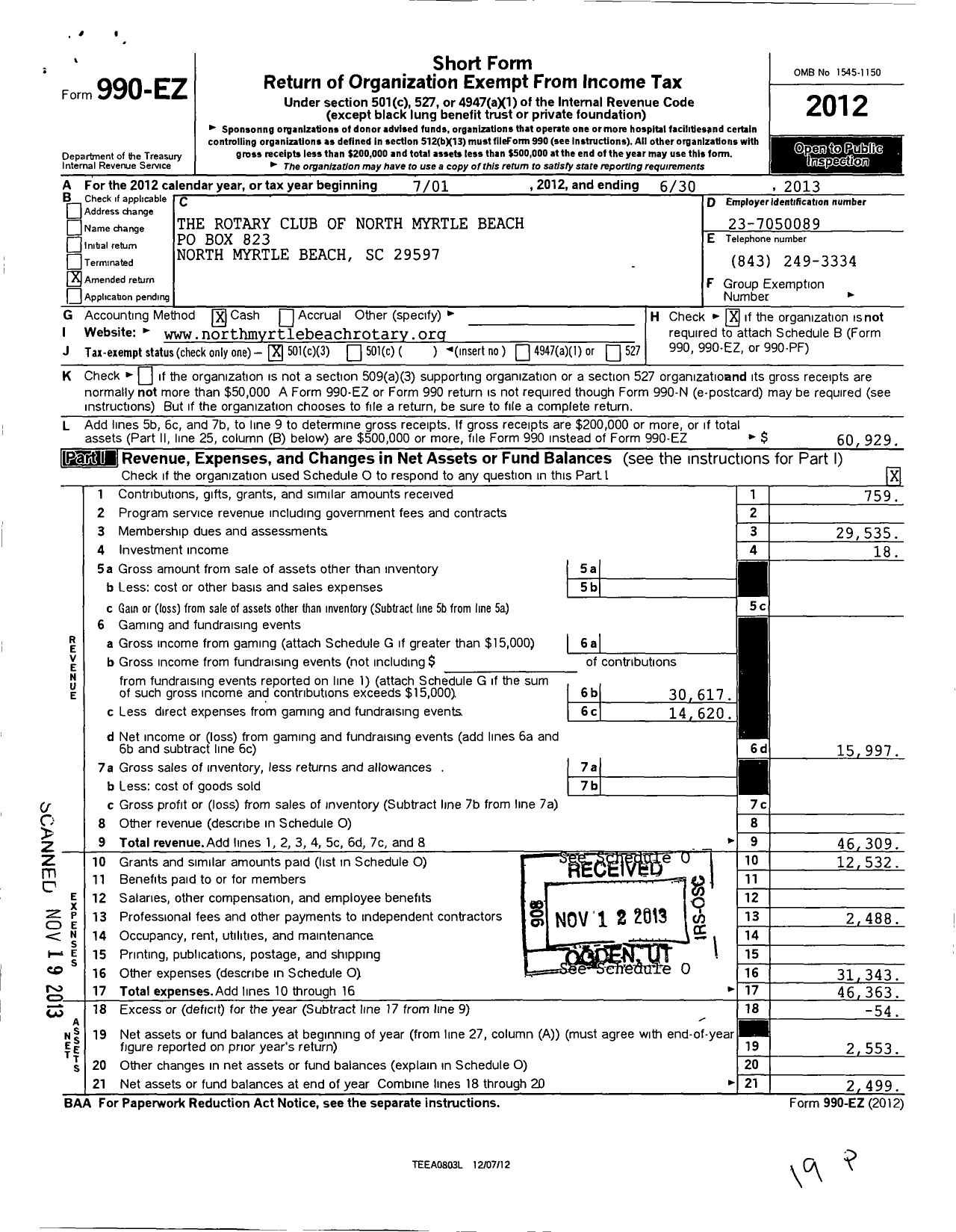 Image of first page of 2012 Form 990EZ for Rotary International - North Myrtle Beach Rotary Club