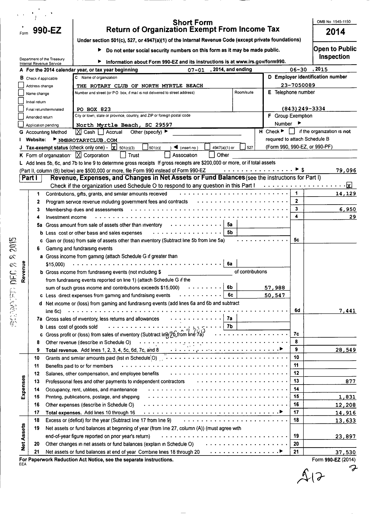 Image of first page of 2014 Form 990EZ for Rotary International - North Myrtle Beach Rotary Club