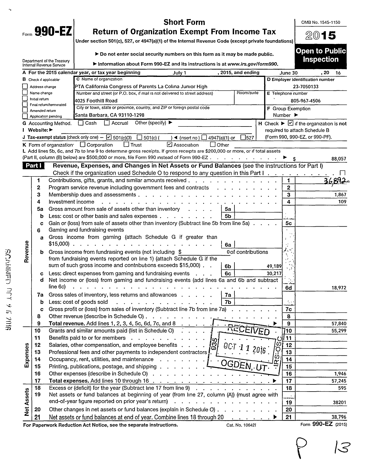 Image of first page of 2015 Form 990EZ for California State PTA - 2100 La Colina Junior High Ptsa