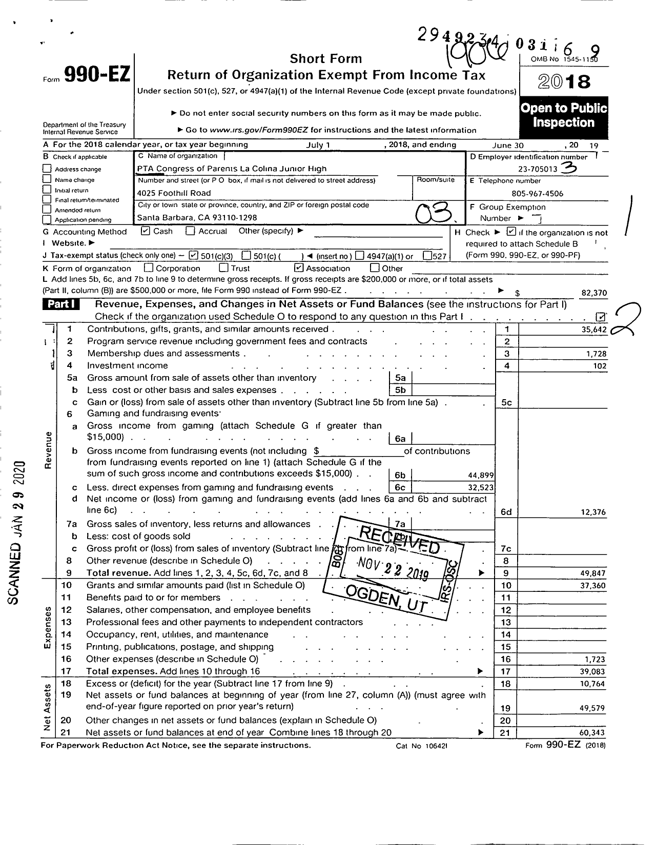 Image of first page of 2018 Form 990EZ for California State PTA - 2100 La Colina Junior High Ptsa