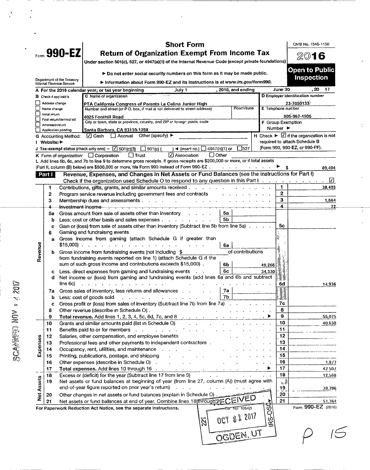 Image of first page of 2016 Form 990EZ for California State PTA - 2100 La Colina Junior High Ptsa