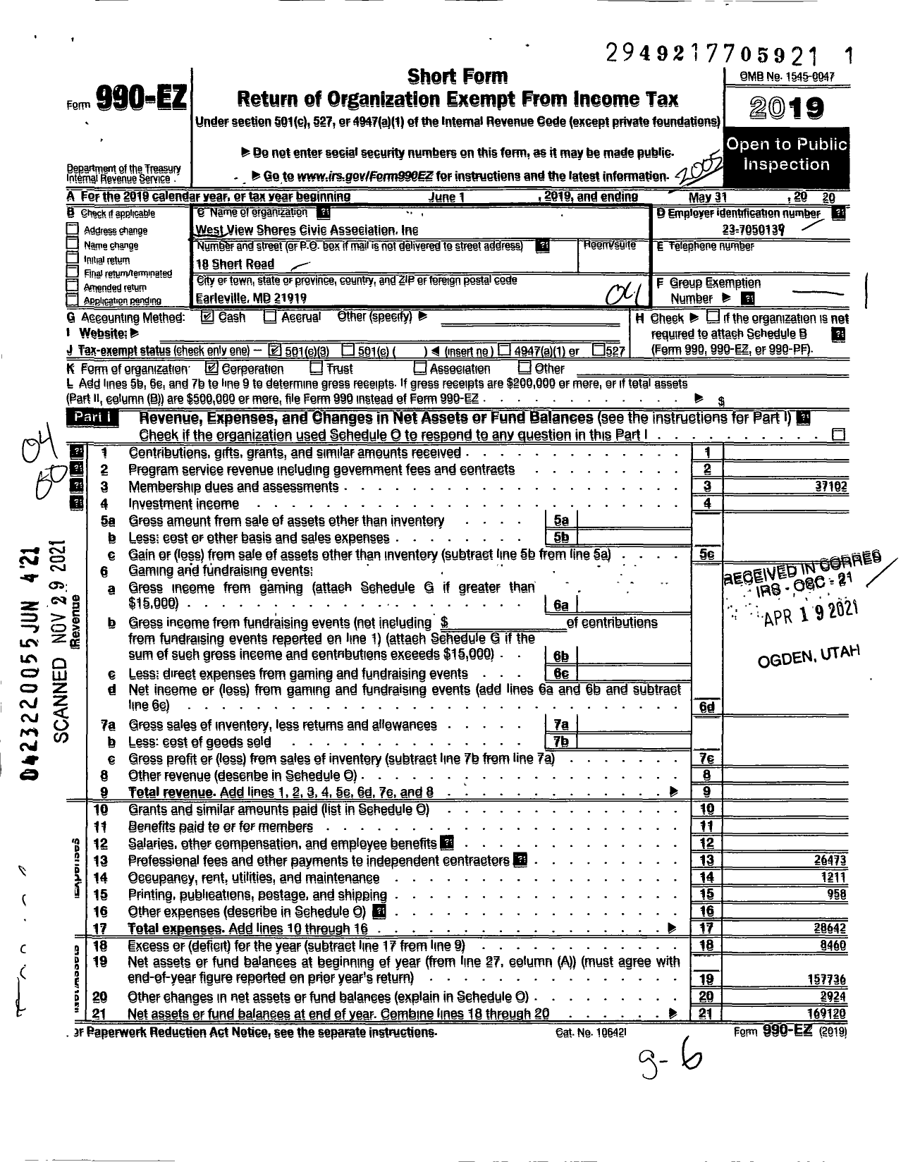 Image of first page of 2019 Form 990EO for West View Shores Civic Association