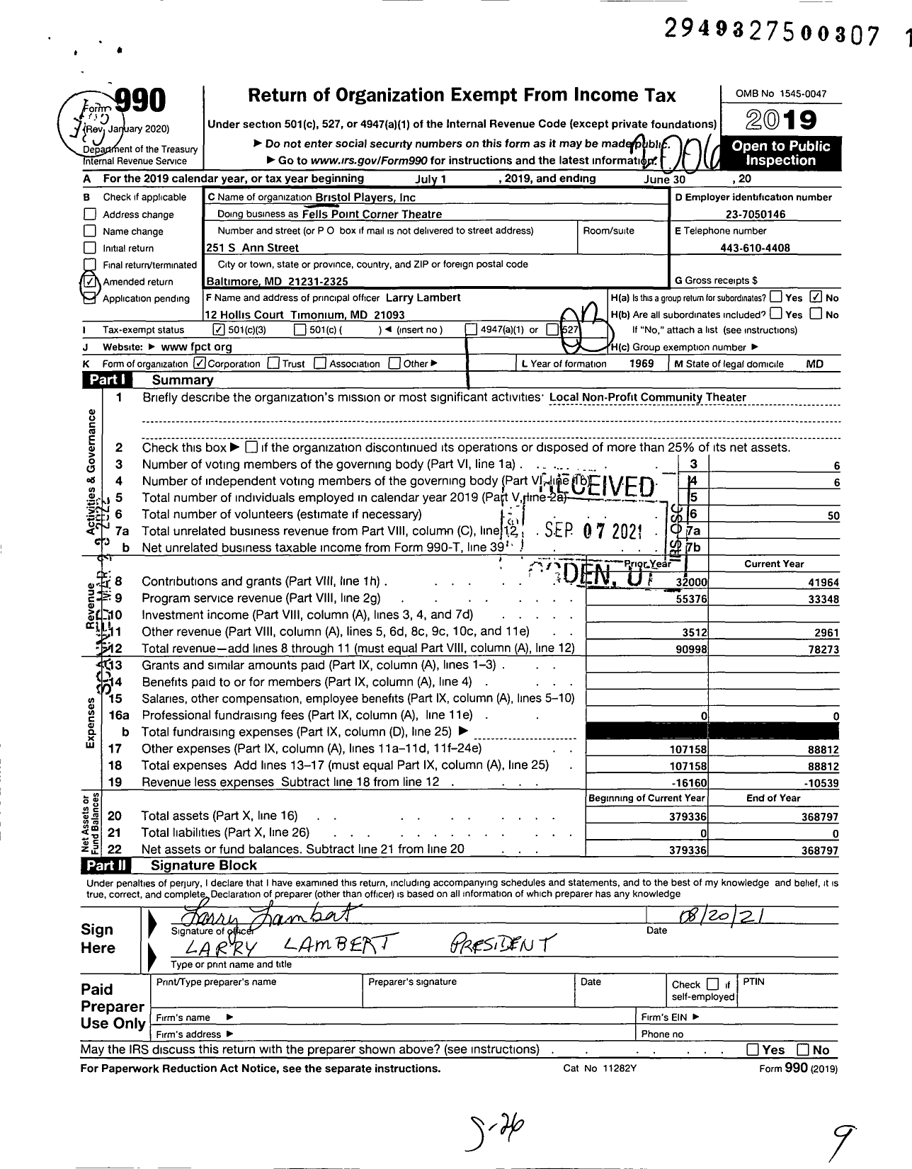 Image of first page of 2019 Form 990 for Fells Point Corner Theatre