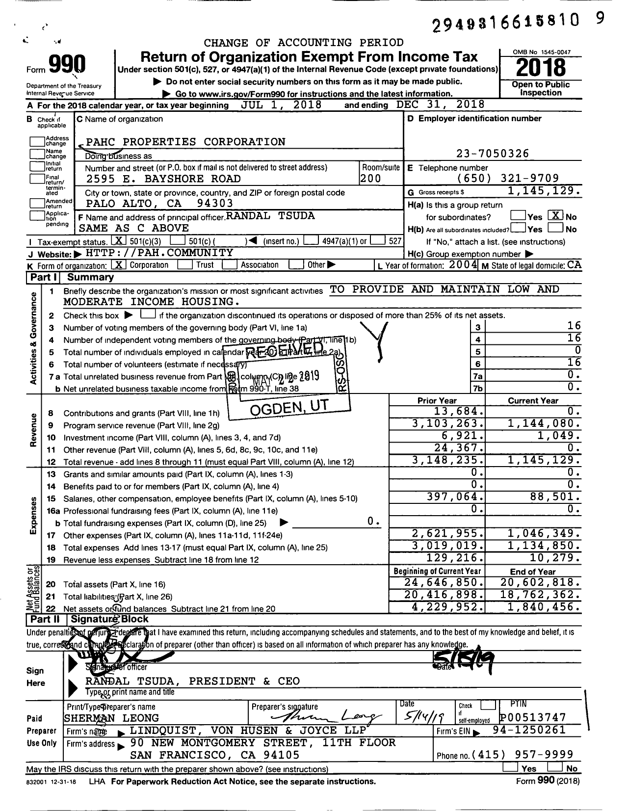 Image of first page of 2018 Form 990 for PAHC Properties Corporation