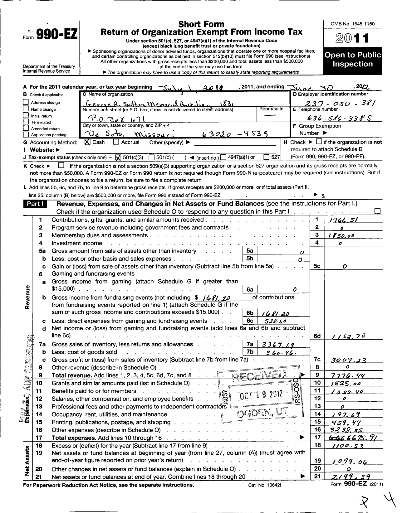 Image of first page of 2011 Form 990EZ for VFW Auxiliary Department of Missouri - 1831 VFW Auxiliary George A Suton Mem Pos