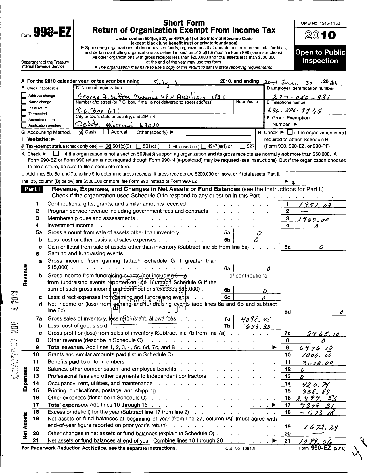 Image of first page of 2010 Form 990EZ for VFW Auxiliary Department of Missouri - 1831 VFW Auxiliary George A Suton Mem Pos