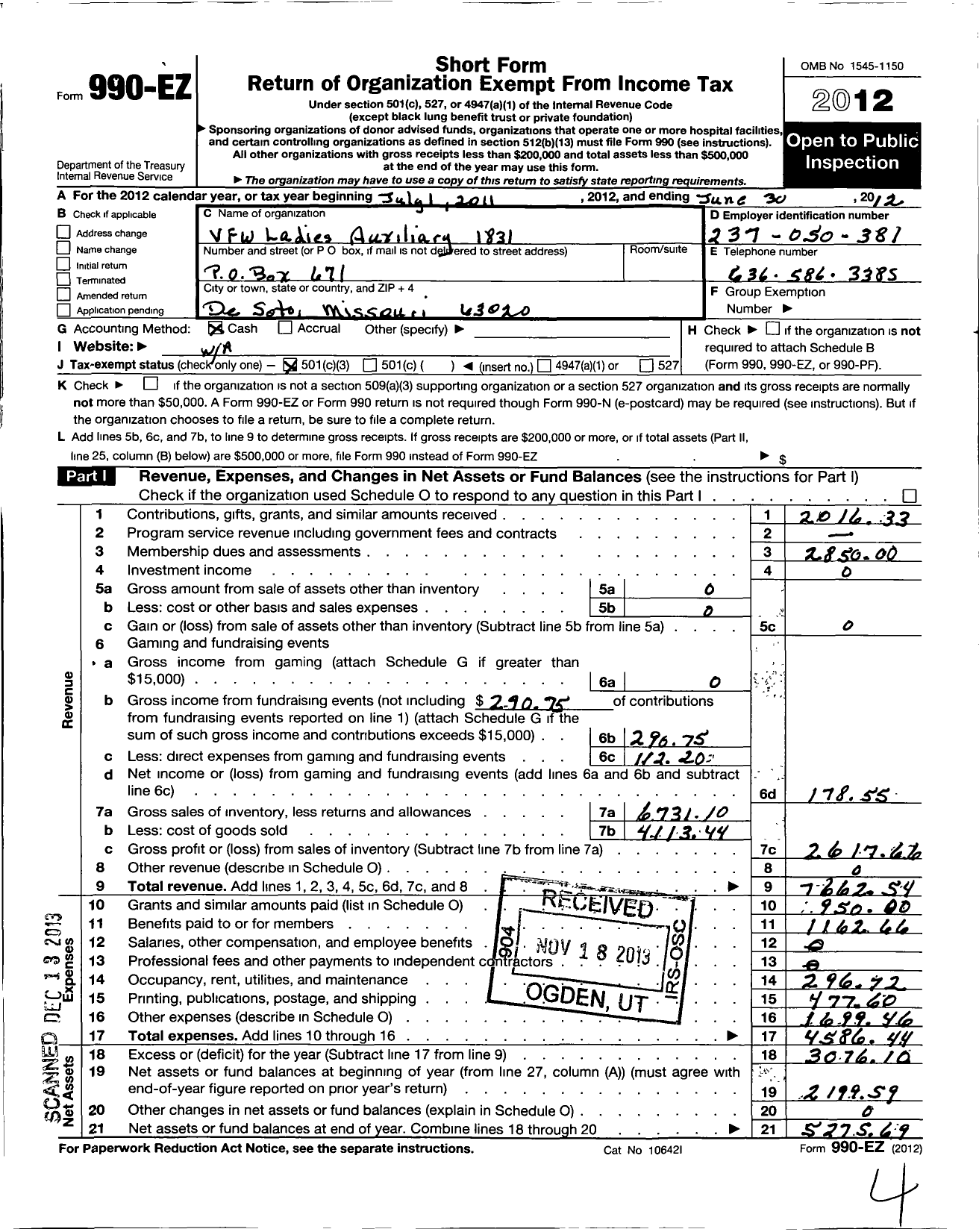 Image of first page of 2011 Form 990EZ for VFW Auxiliary Department of Missouri - 1831 VFW Auxiliary George A Suton Mem Pos