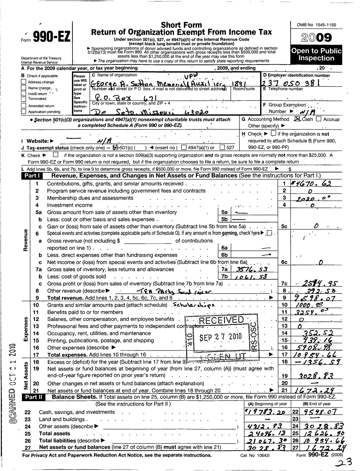 Image of first page of 2009 Form 990EO for VFW Auxiliary Department of Missouri - 1831 VFW Auxiliary George A Suton Mem Pos