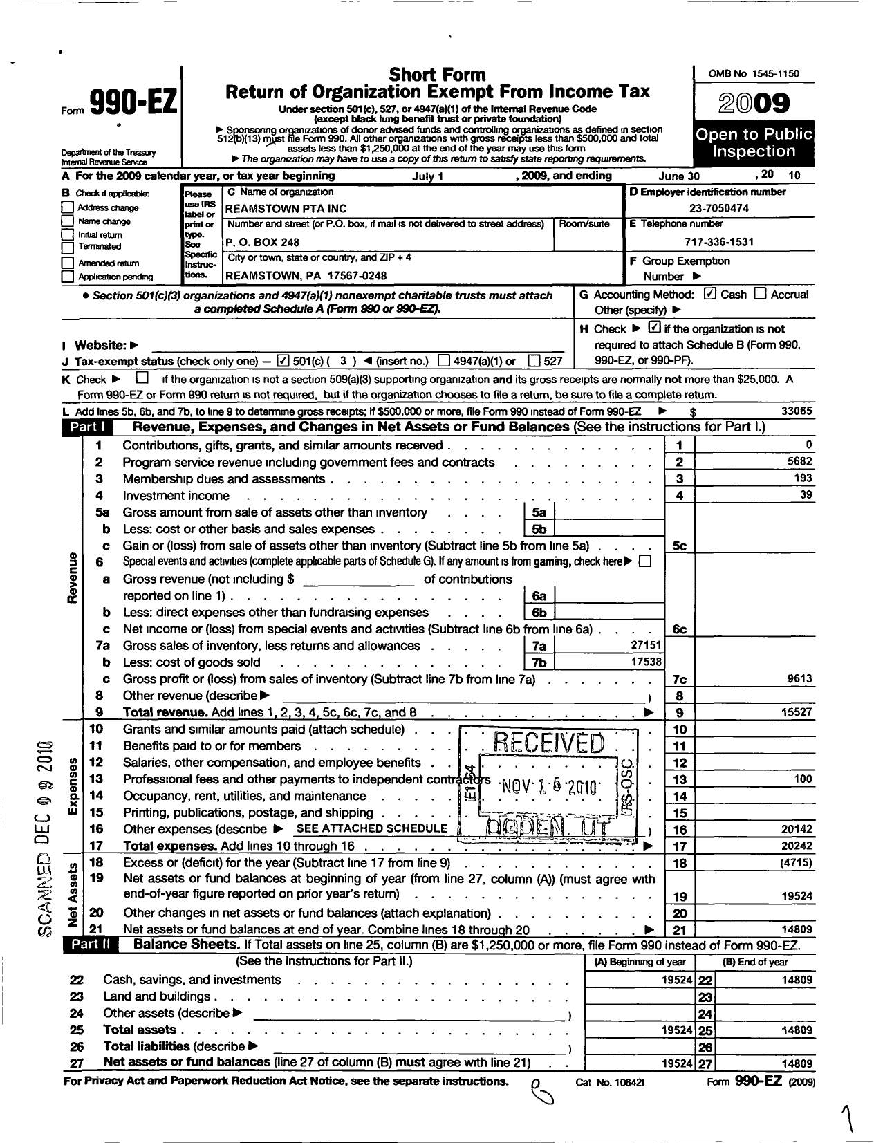 Image of first page of 2009 Form 990EZ for PTA Pennsylvania Congress / Reamstown PTA Inc