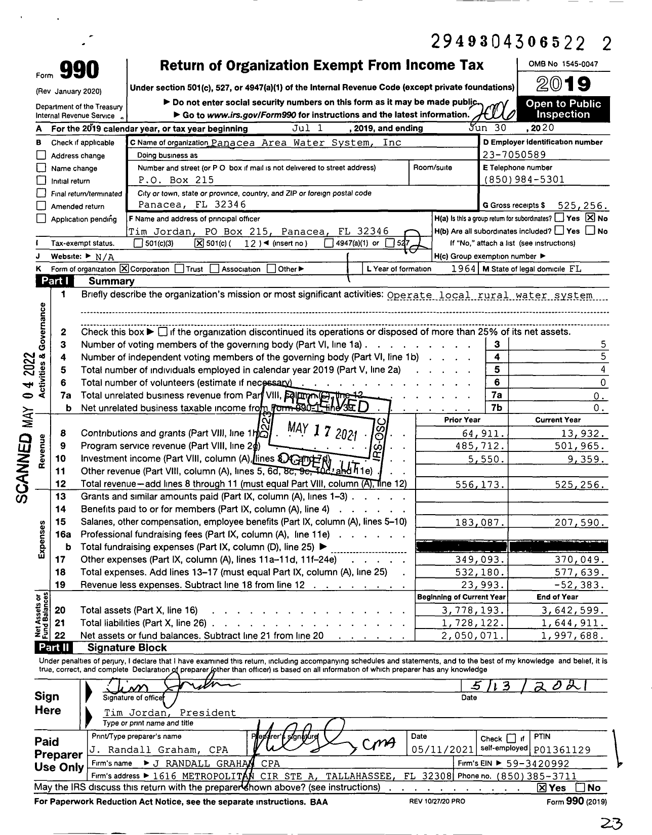 Image of first page of 2019 Form 990O for Panacea Area Water System