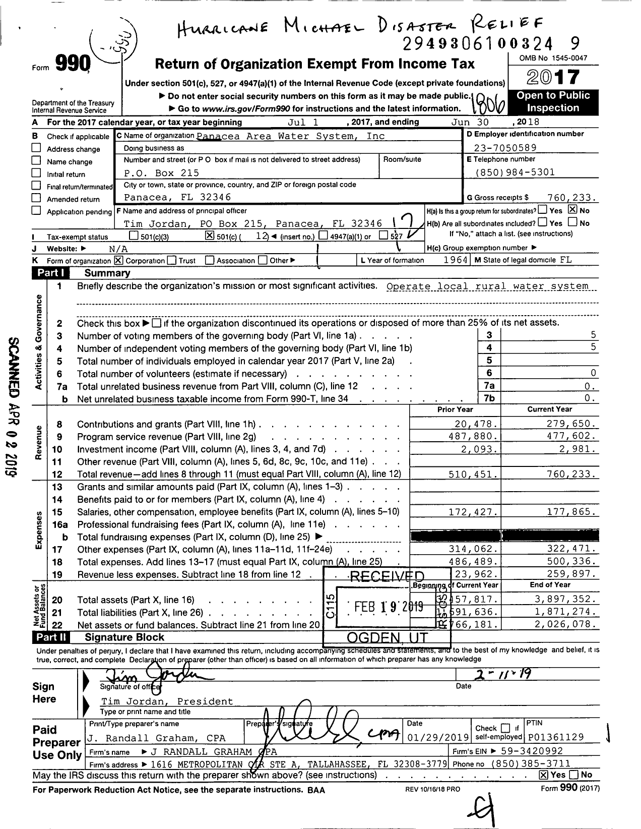 Image of first page of 2017 Form 990O for Panacea Area Water System