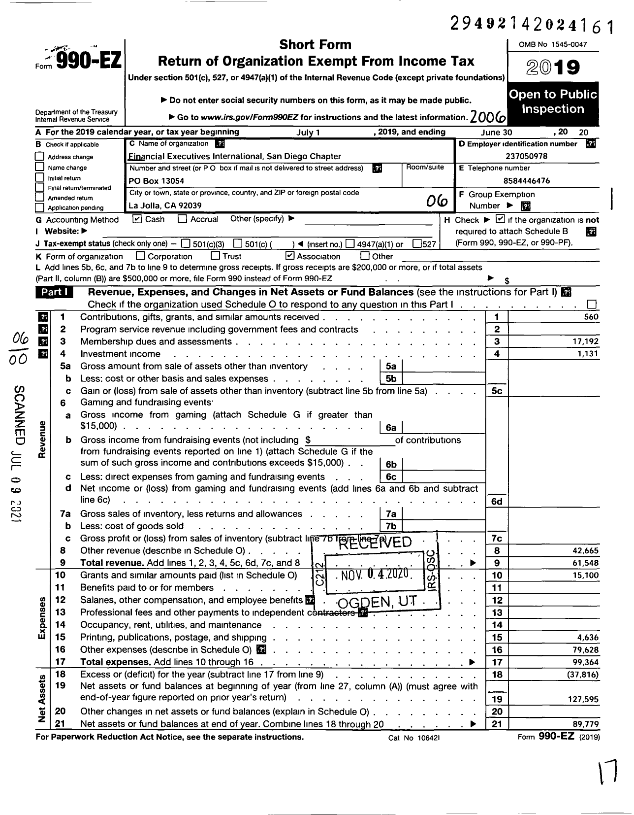 Image of first page of 2019 Form 990EO for Financial Executives International / San Diego Chapter