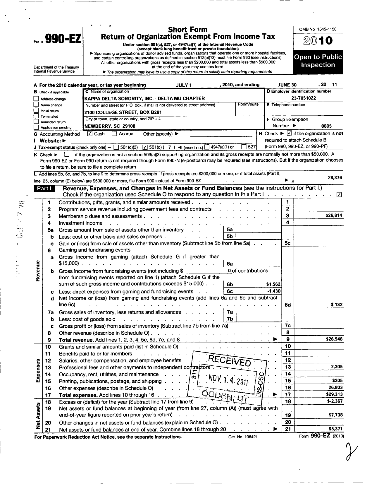 Image of first page of 2010 Form 990EO for Kappa Delta Sorority - Delta Mu