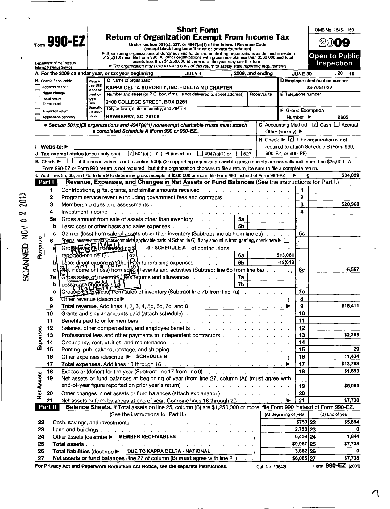 Image of first page of 2009 Form 990EO for Kappa Delta Sorority - Delta Mu