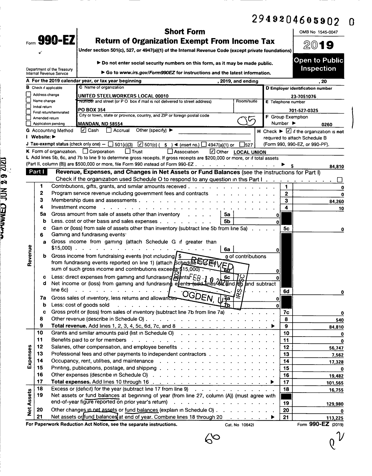 Image of first page of 2019 Form 990EO for United Steelworkers - 00010 Local