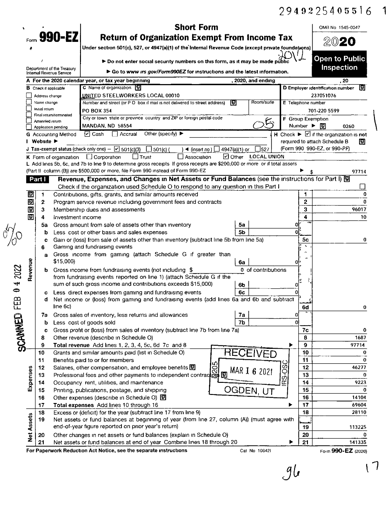 Image of first page of 2020 Form 990EO for United Steelworkers - 00010 Local