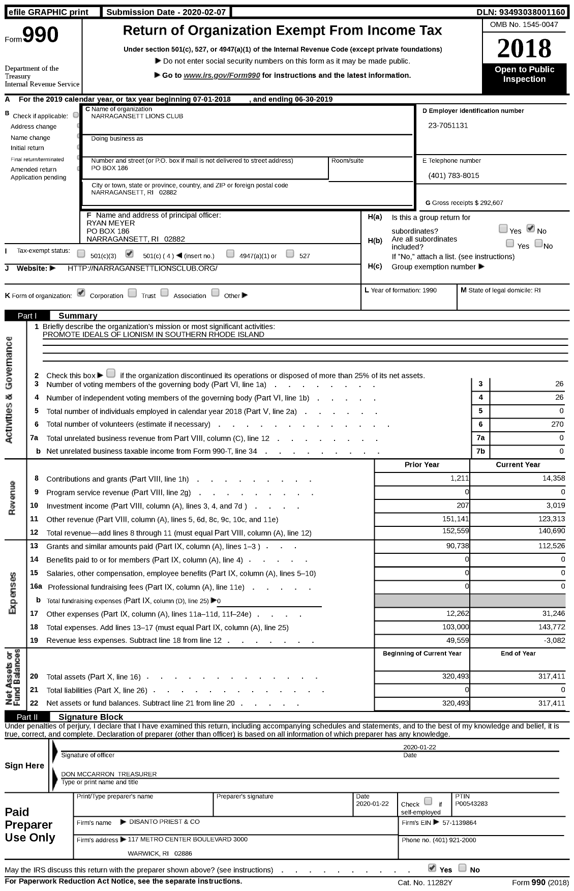 Image of first page of 2018 Form 990 for Lions Clubs - 13889 Narragansett