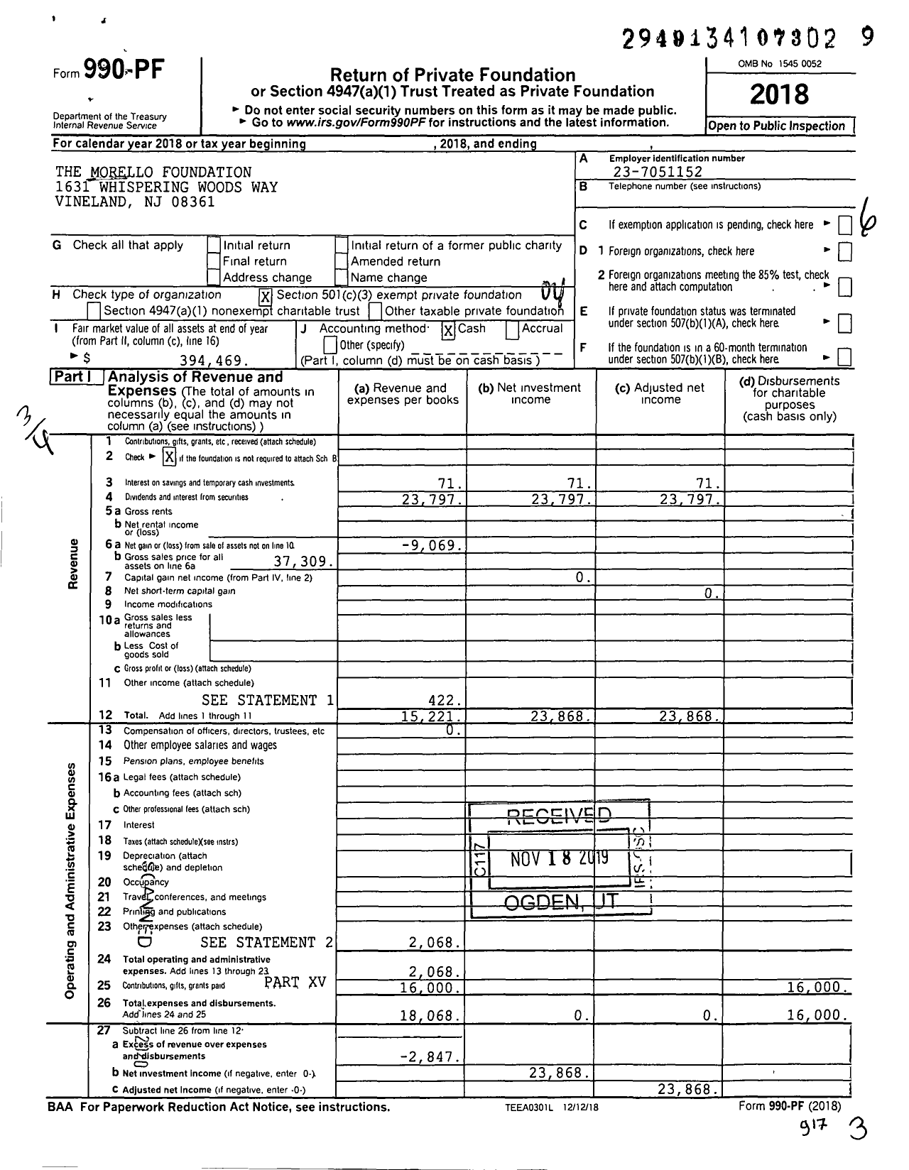 Image of first page of 2018 Form 990PF for The Morello Foundation