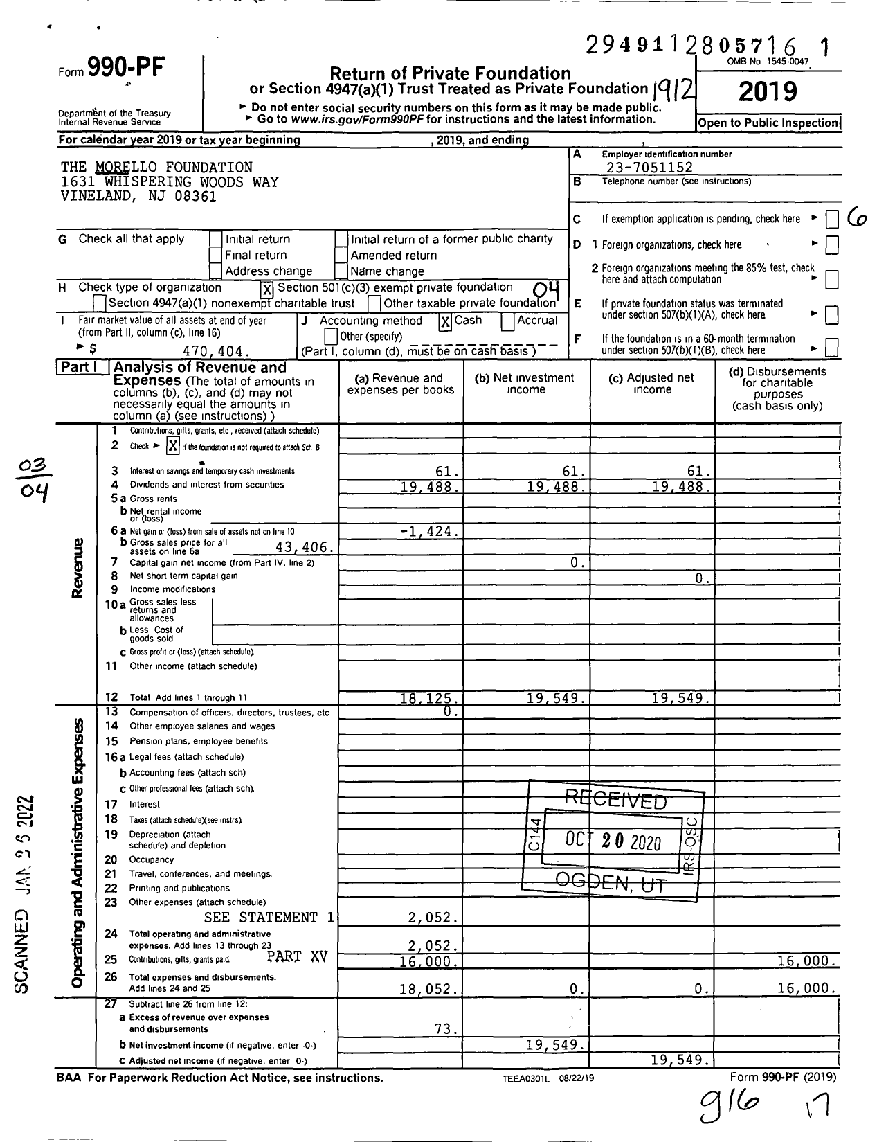 Image of first page of 2019 Form 990PF for The Morello Foundation