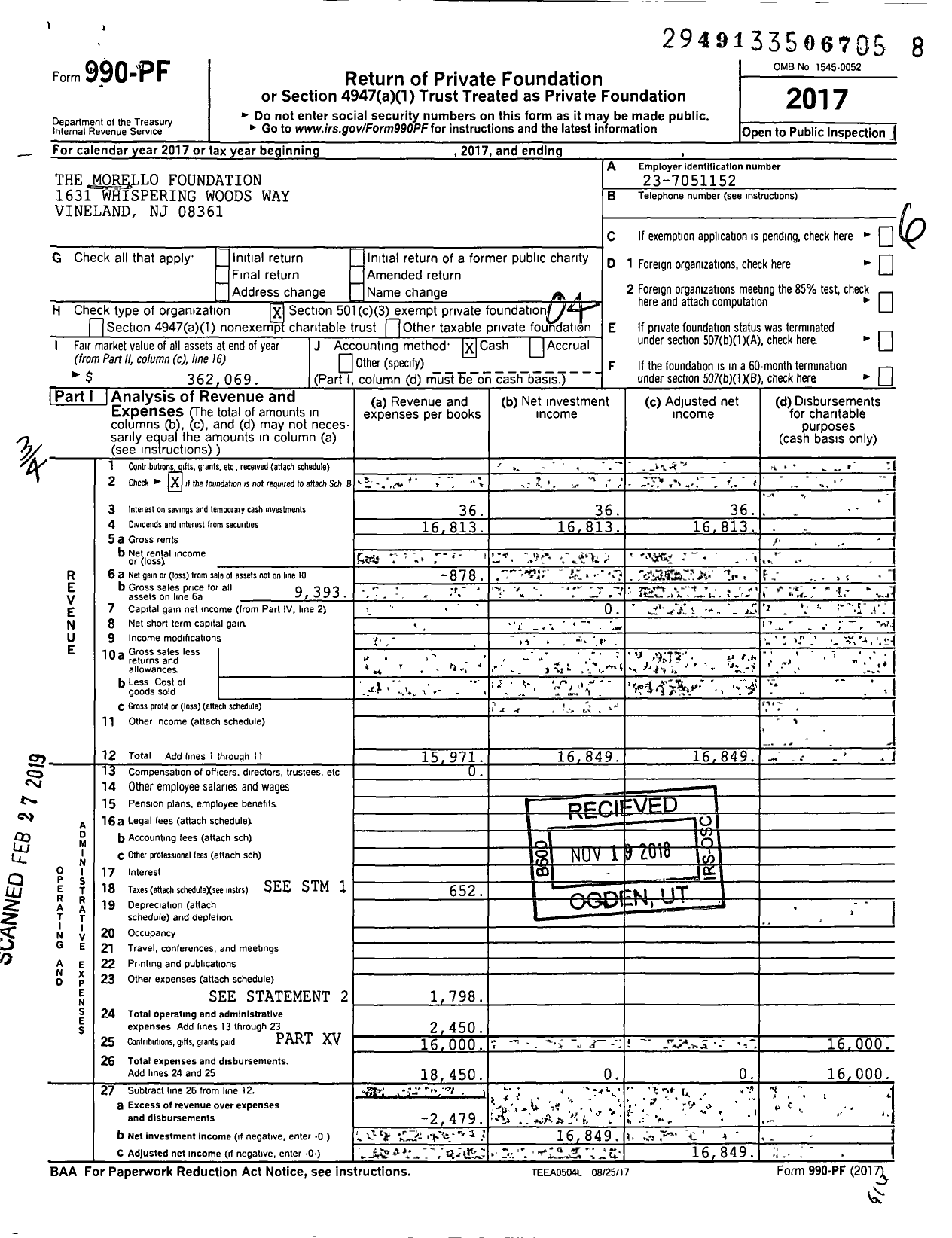 Image of first page of 2017 Form 990PF for The Morello Foundation