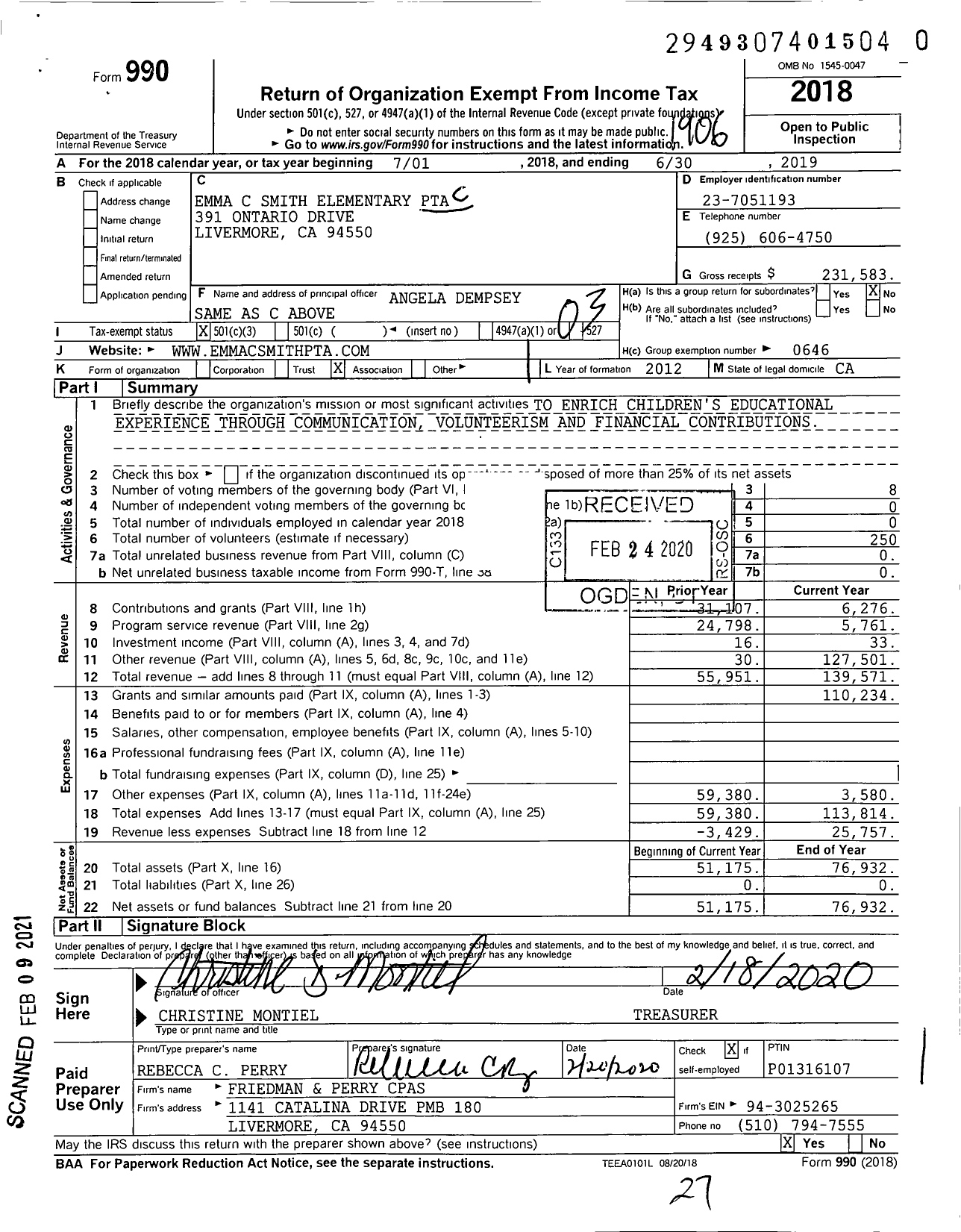 Image of first page of 2018 Form 990 for California State PTA - Emma C Smith Elementary PTA