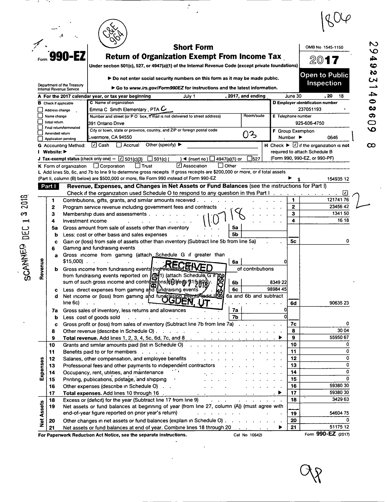 Image of first page of 2017 Form 990EZ for California State PTA - Emma C Smith Elementary PTA