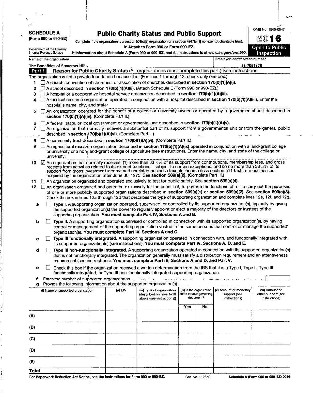 Image of first page of 2016 Form 990ER for The Bonafides of Somerset Hills