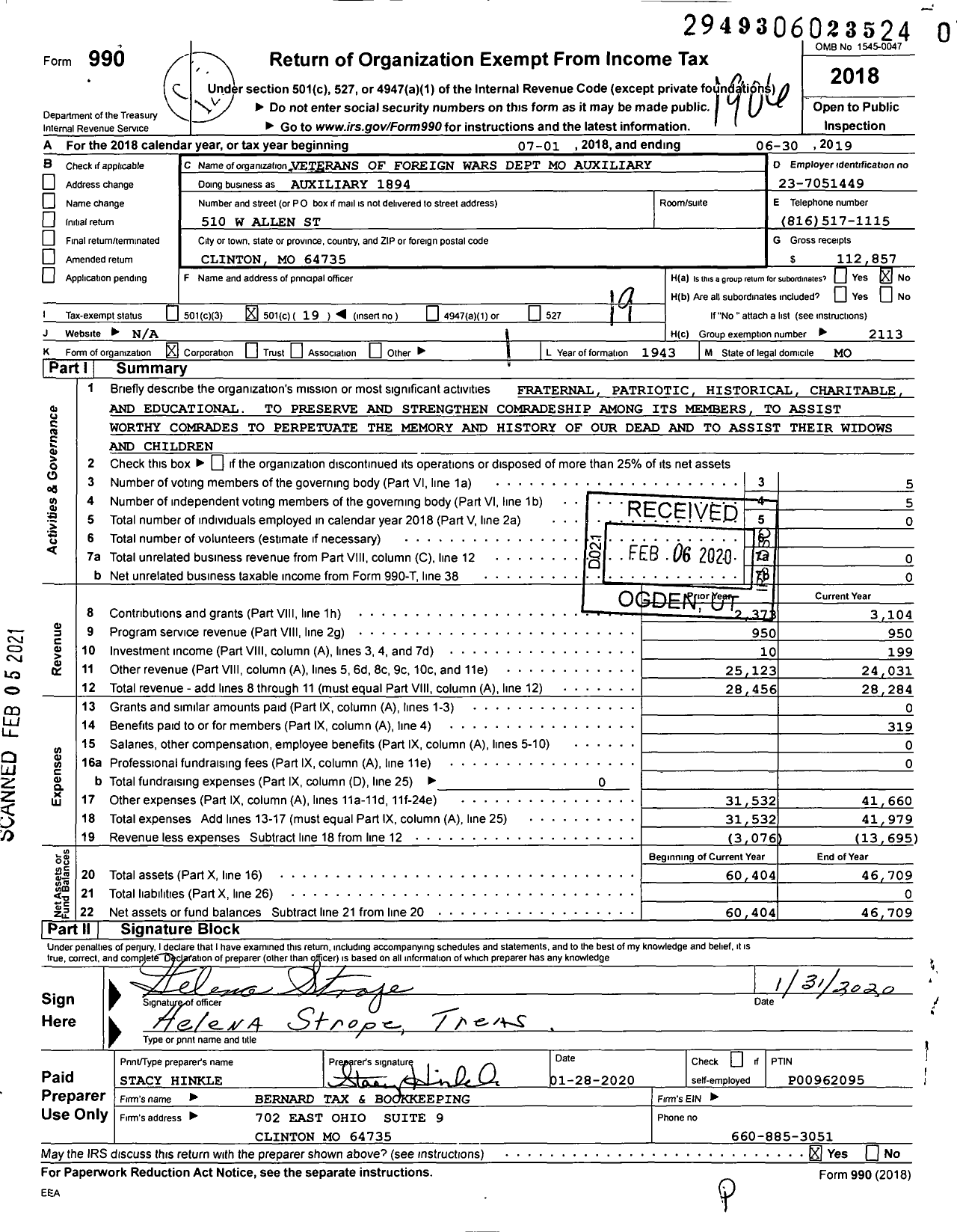 Image of first page of 2018 Form 990O for VFW Auxiliary Department of Missouri - 1894 VFW Auxiliary Golden Valley Post