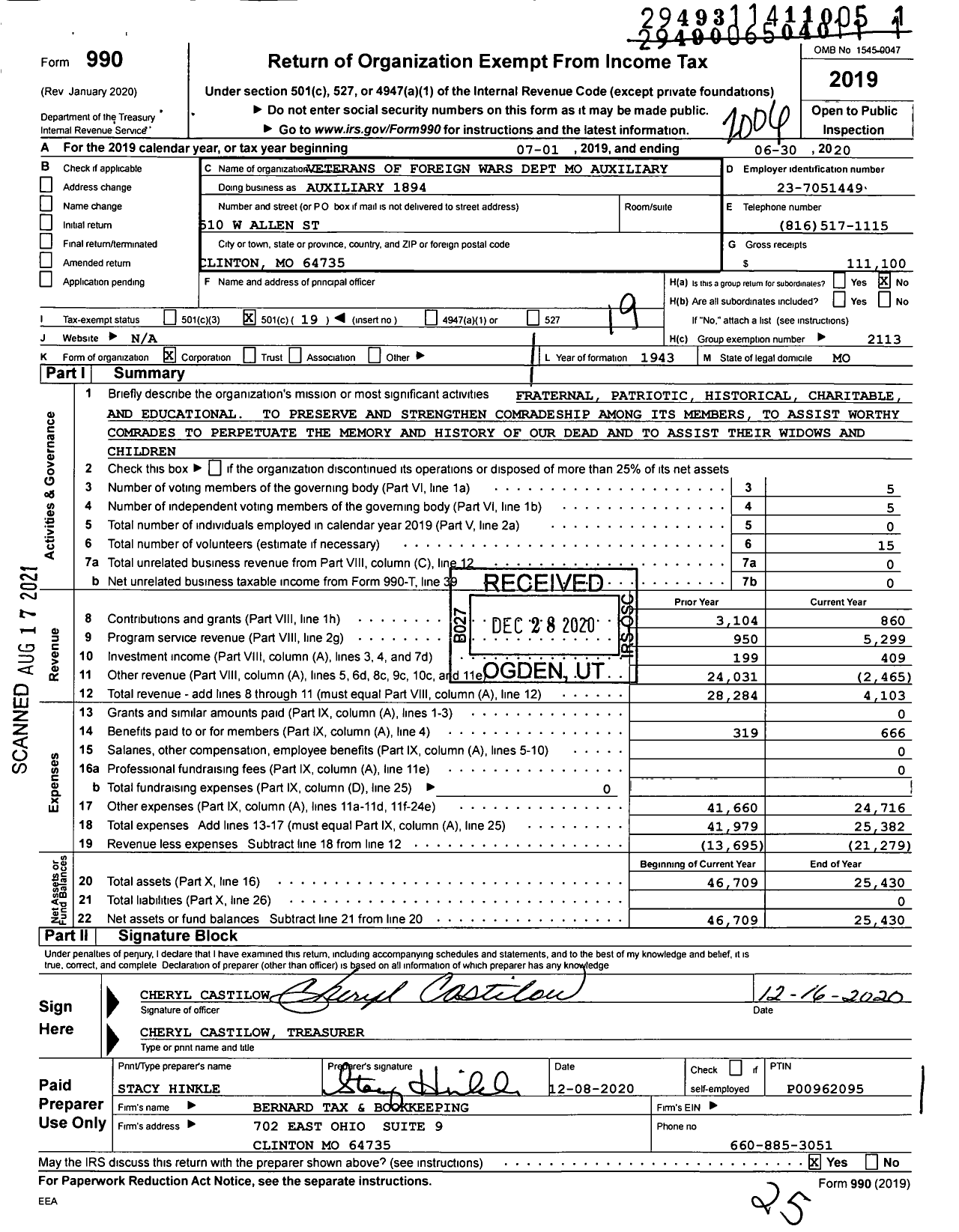 Image of first page of 2019 Form 990O for VFW Auxiliary Department of Missouri - 1894 VFW Auxiliary Golden Valley Post