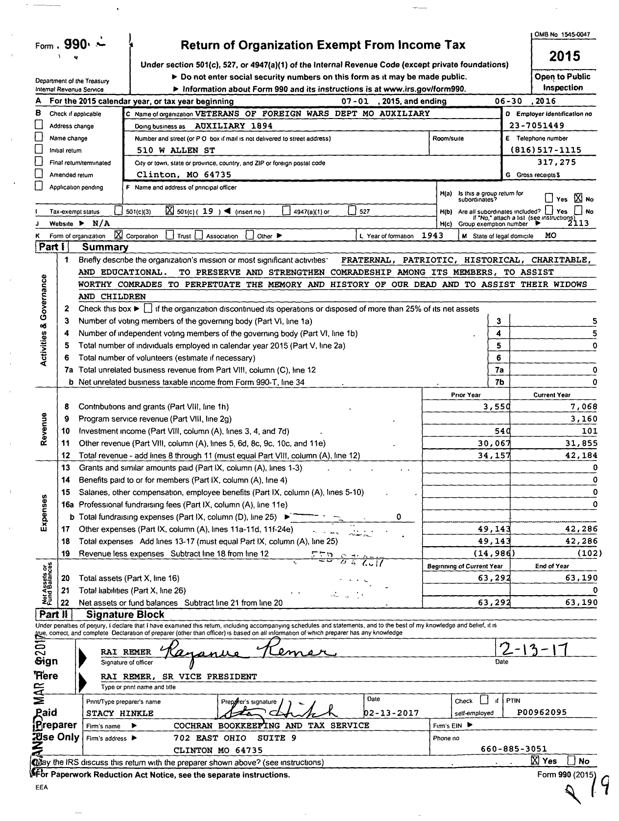 Image of first page of 2015 Form 990O for VFW Auxiliary Department of Missouri - 1894 VFW Auxiliary Golden Valley Post