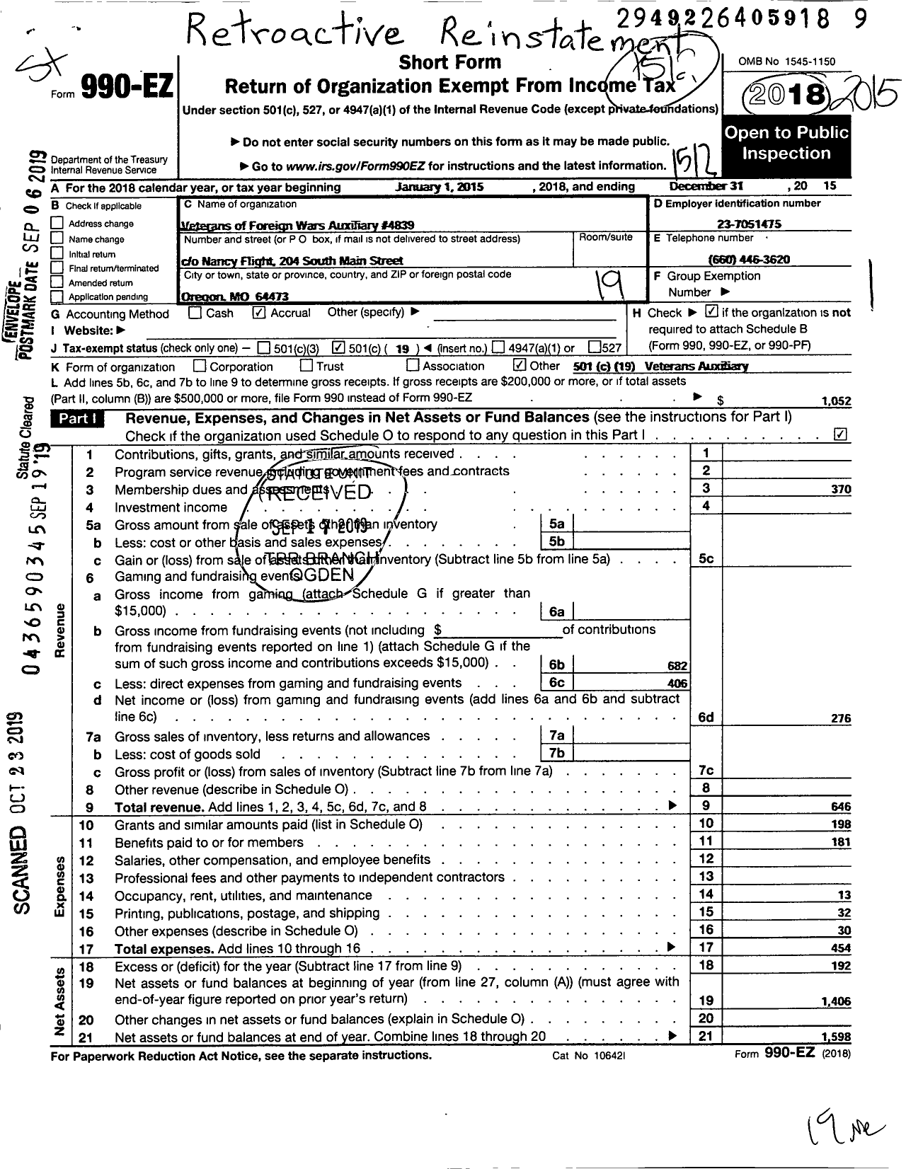 Image of first page of 2015 Form 990EO for Holt County Memorial Veterans of Foreign Wars Auxiliary To Post4839