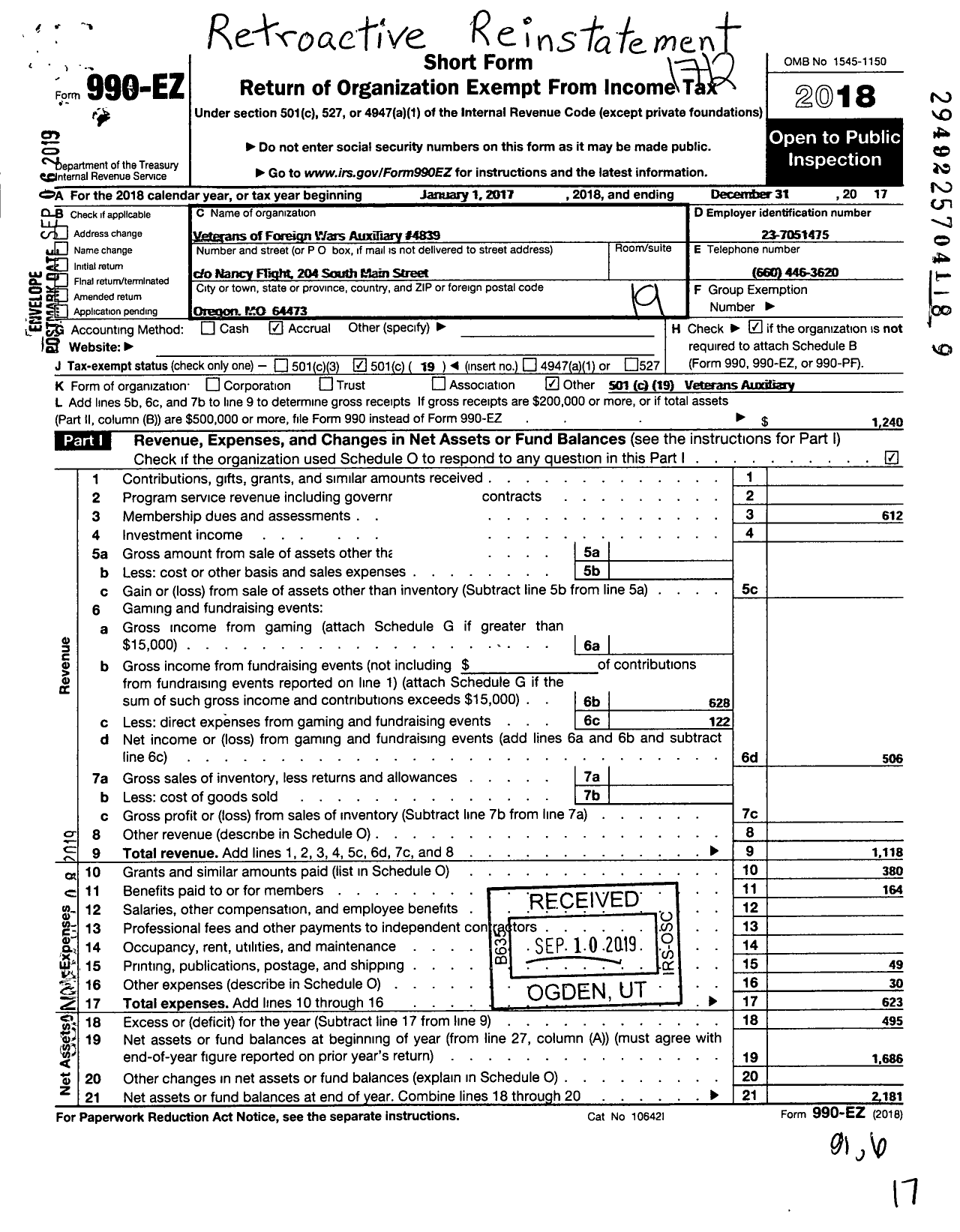 Image of first page of 2017 Form 990EO for Holt County Memorial Veterans of Foreign Wars Auxiliary To Post4839