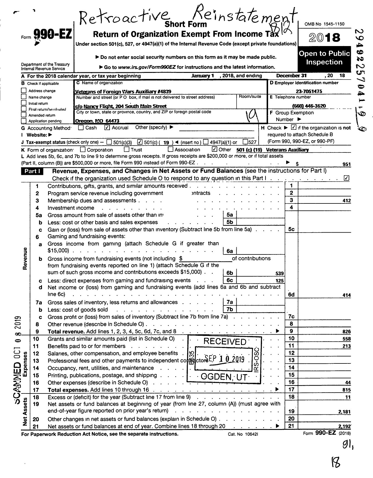 Image of first page of 2018 Form 990EO for Holt County Memorial Veterans of Foreign Wars Auxiliary To Post4839