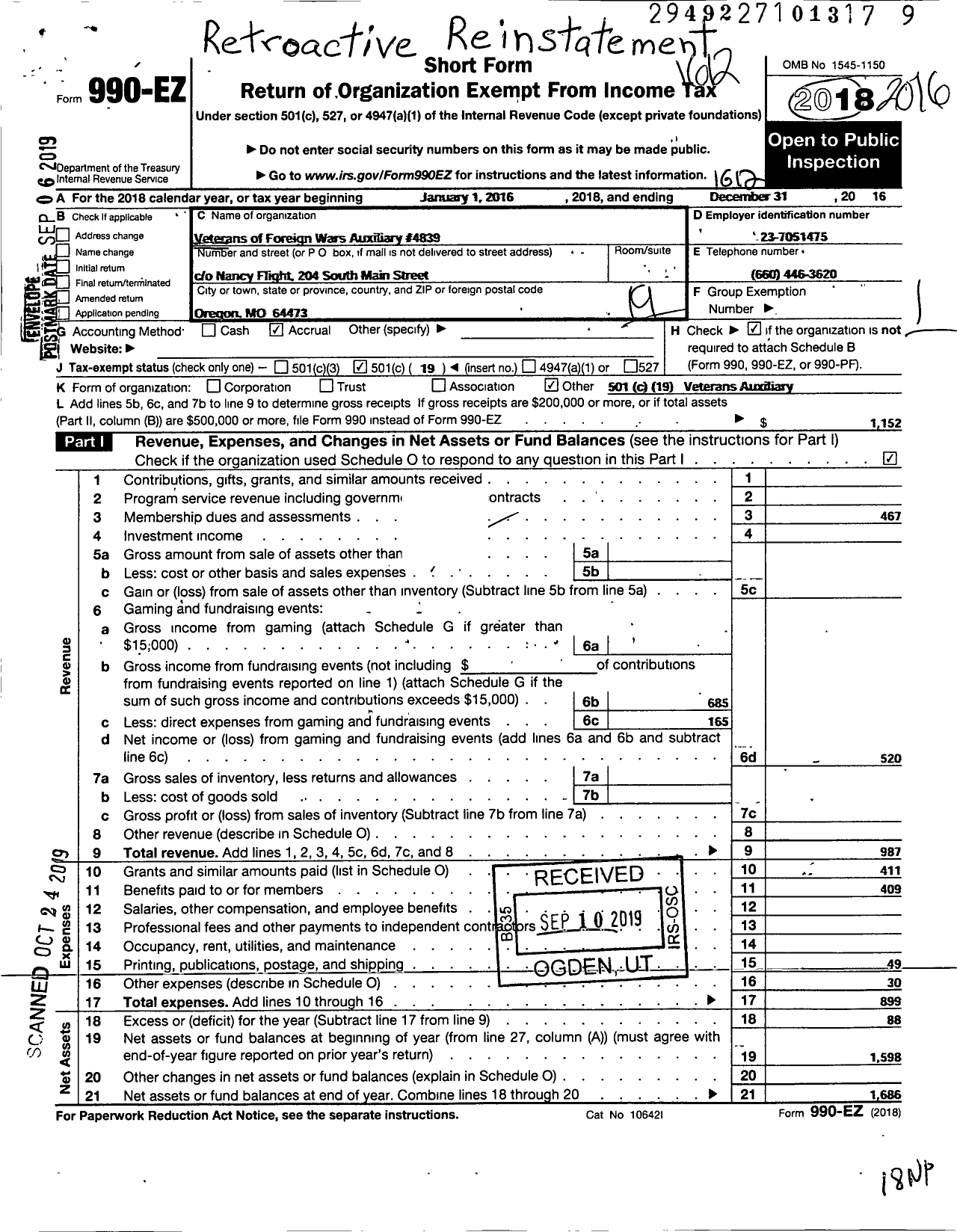 Image of first page of 2016 Form 990EO for Holt County Memorial Veterans of Foreign Wars Auxiliary To Post4839