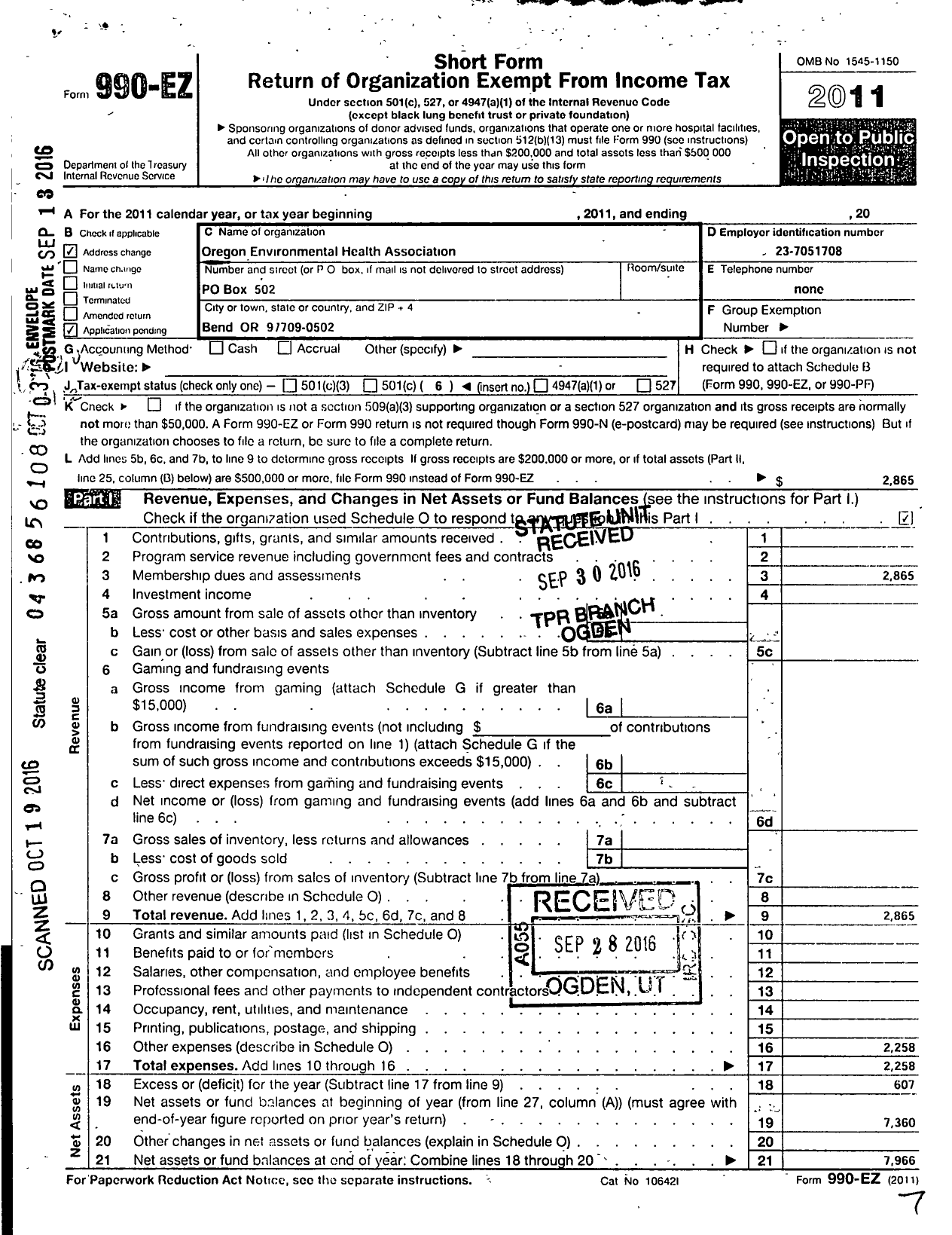 Image of first page of 2011 Form 990EO for Oregon Environmental Health Association