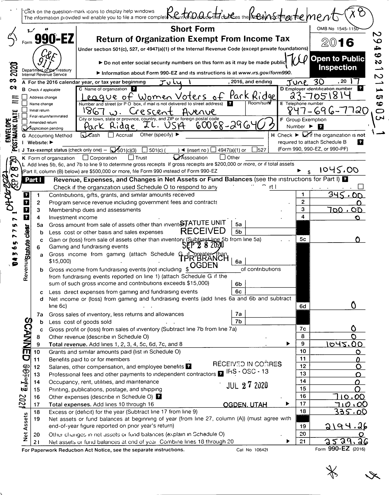 Image of first page of 2016 Form 990EZ for League of Women Voters Park Ridge