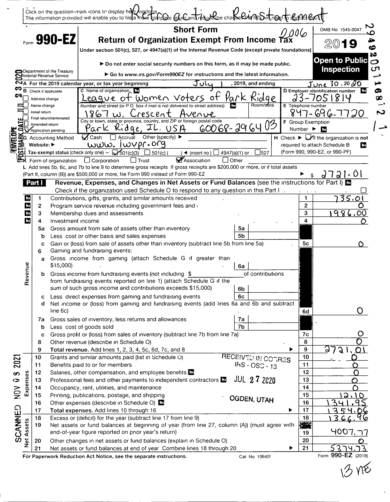 Image of first page of 2019 Form 990EZ for League of Women Voters Park Ridge