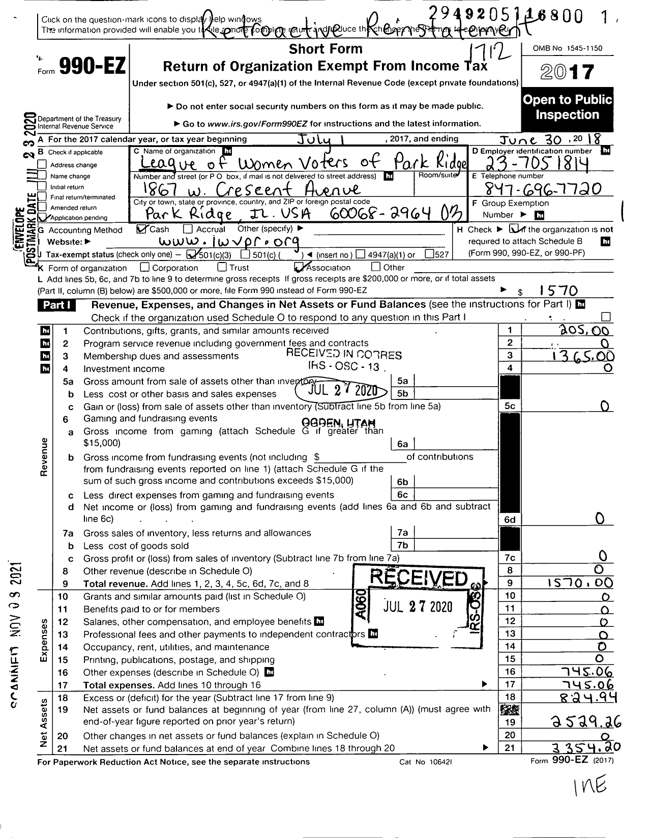 Image of first page of 2017 Form 990EZ for League of Women Voters Park Ridge