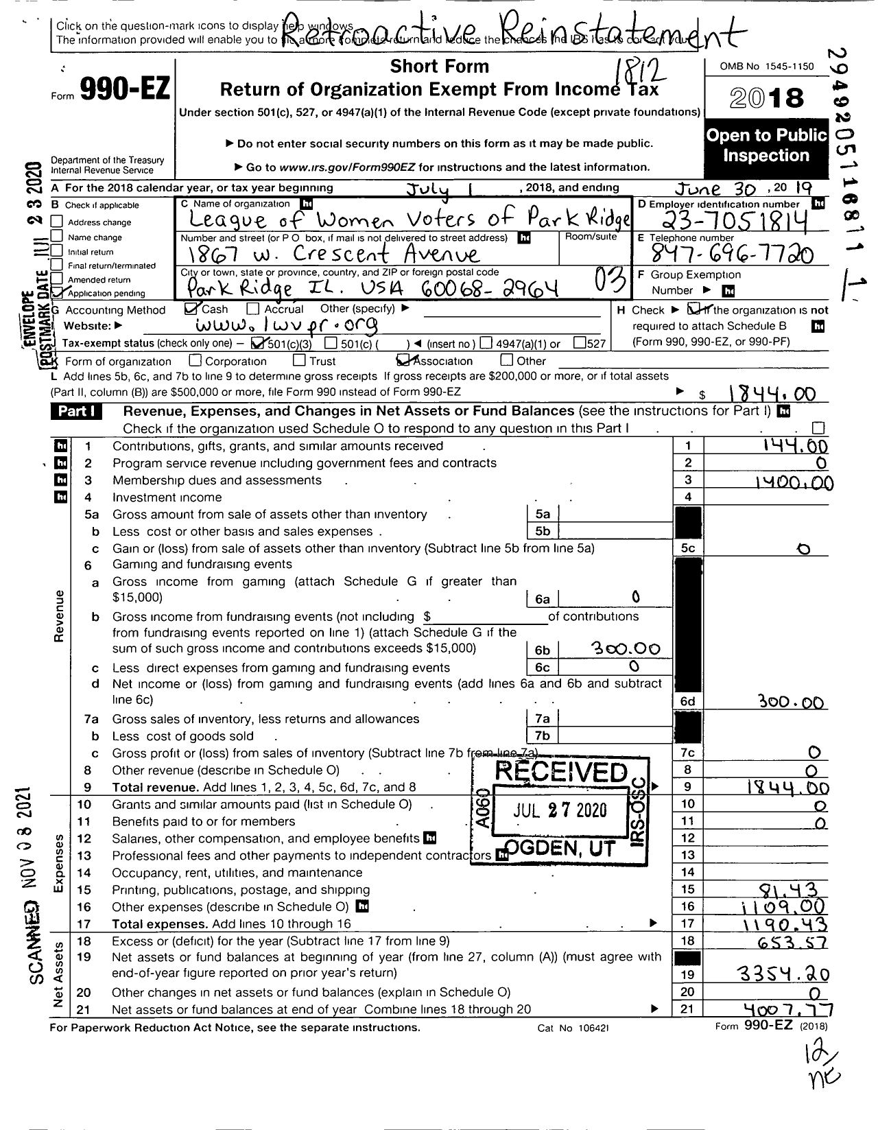 Image of first page of 2018 Form 990EZ for League of Women Voters Park Ridge