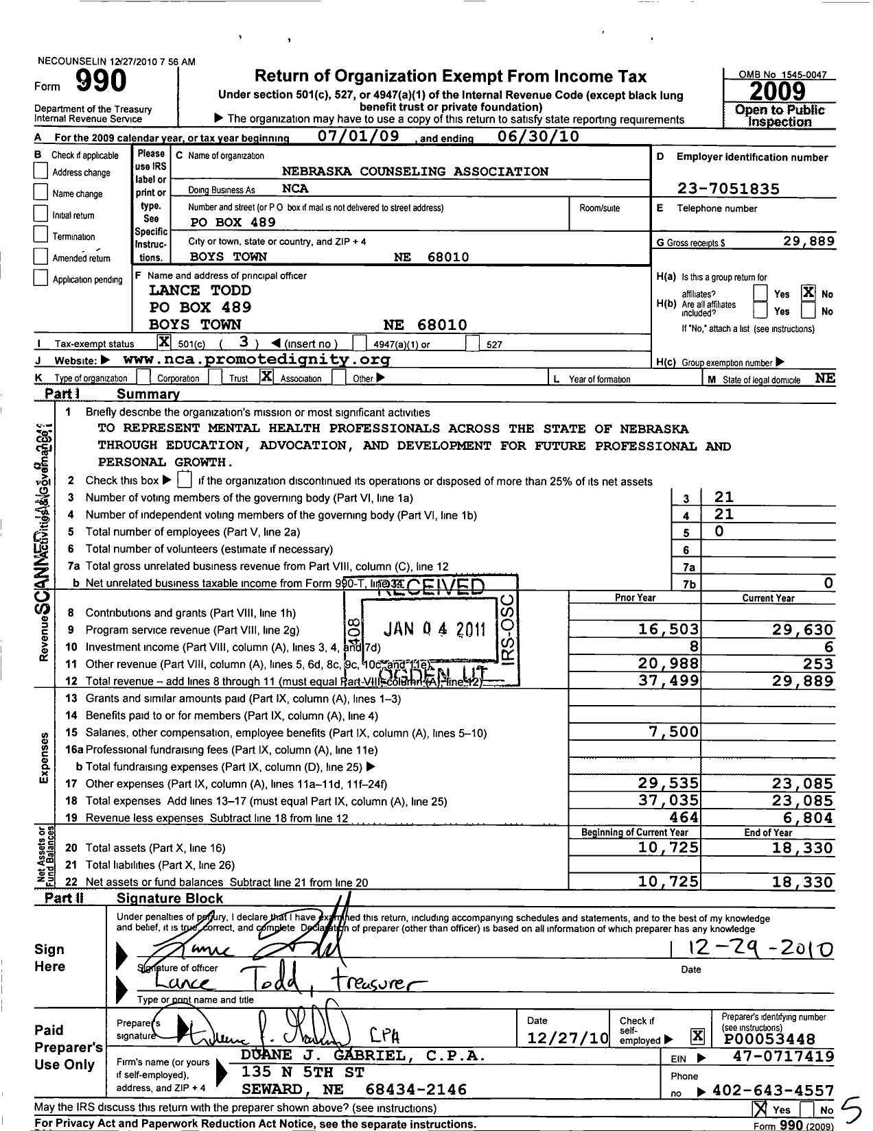 Image of first page of 2009 Form 990 for Nebraska Counseling Association (NCA)
